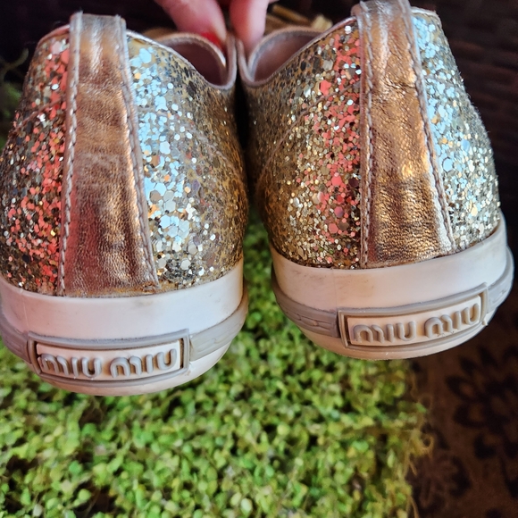 MIU MIU Gold Glitter Sparkle Silver Studs Toe Lace Up Flat Luxury Sneakers 40 - Picture 14 of 16